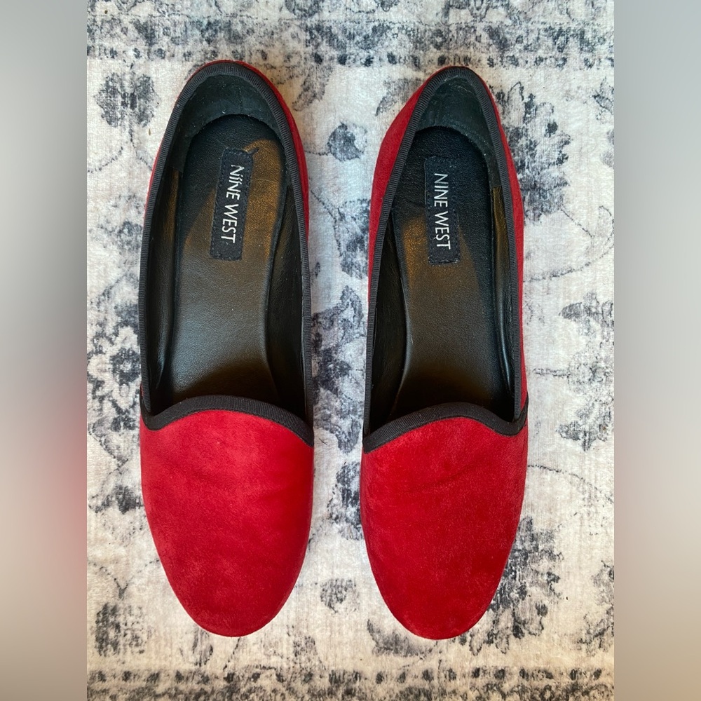 Nine West Red Suede Flats with Black Piping Detail, Size 9